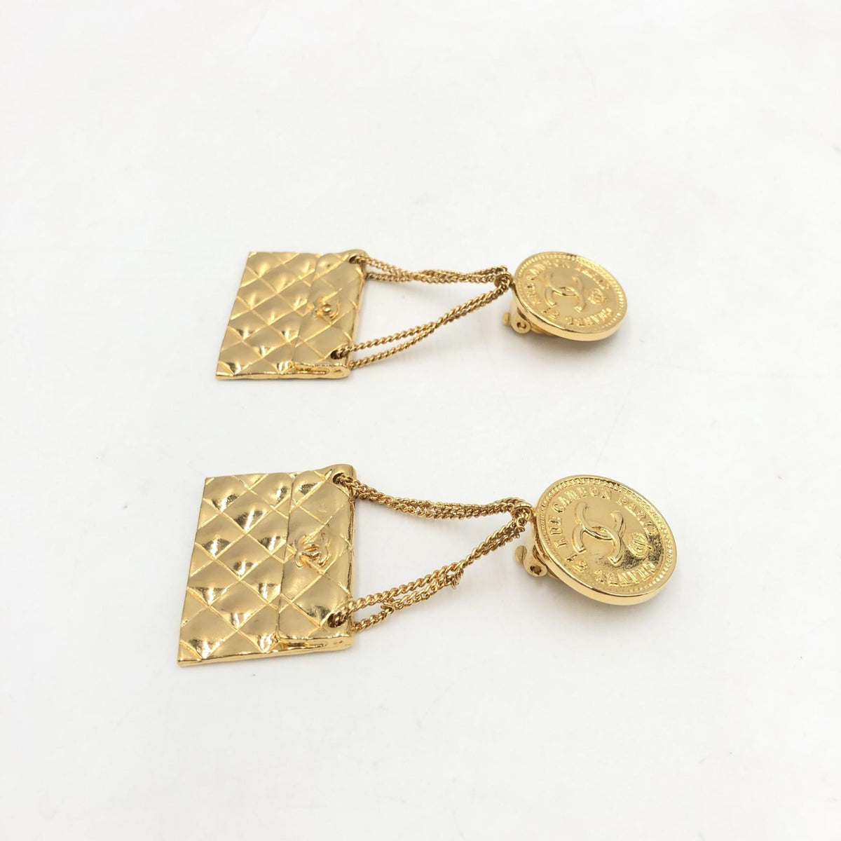 Chanel bag motif clip on drop earrings