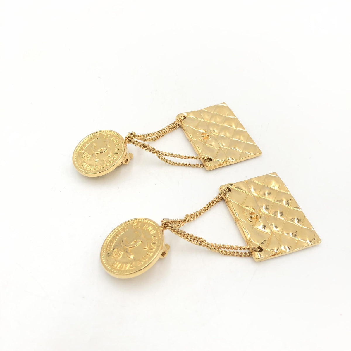 Chanel bag motif clip on drop earrings
