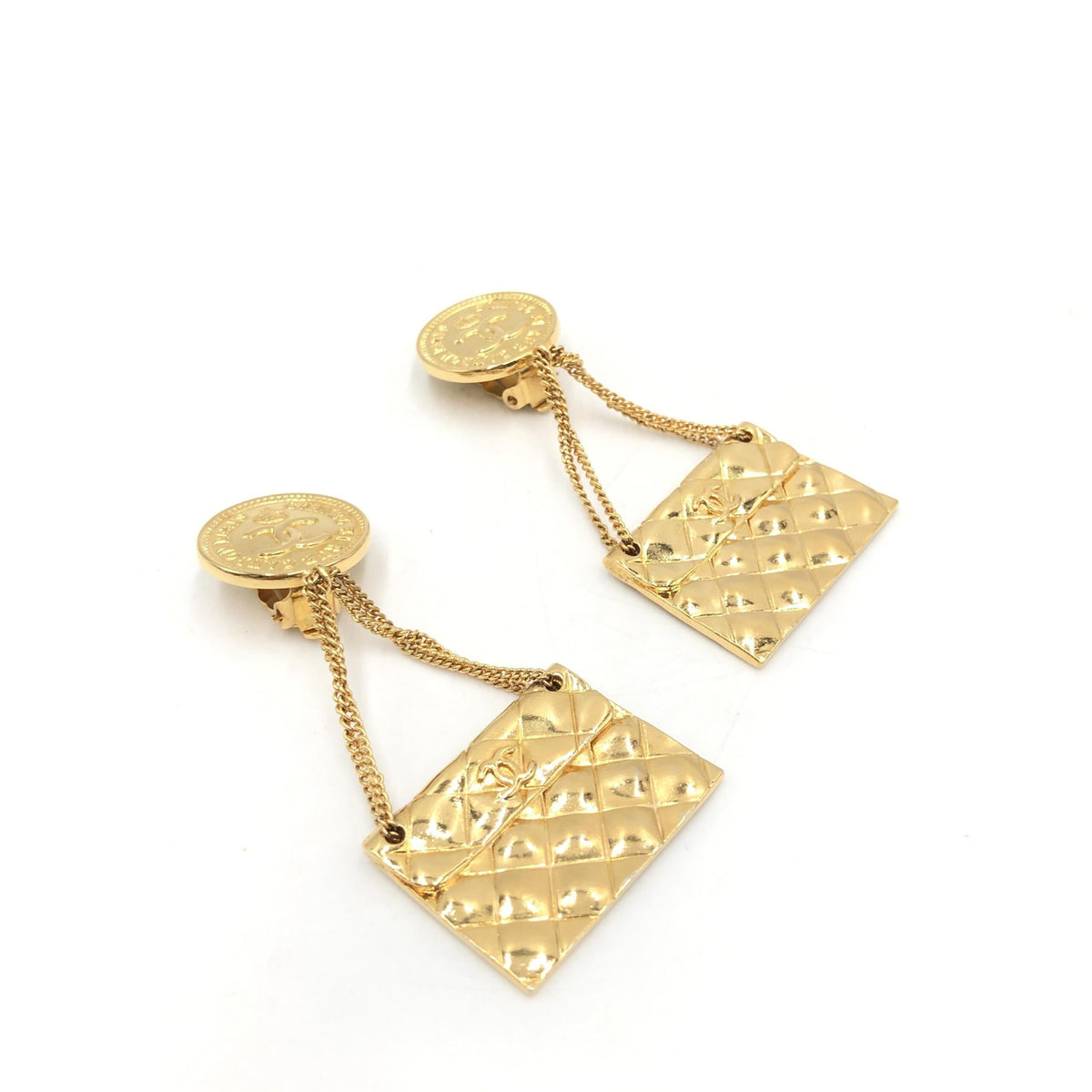 Chanel bag motif clip on drop earrings