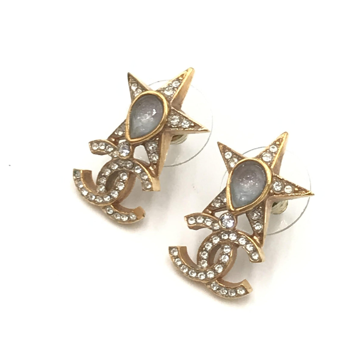 Chanel gold plated star coco mark earrings with rhinestones