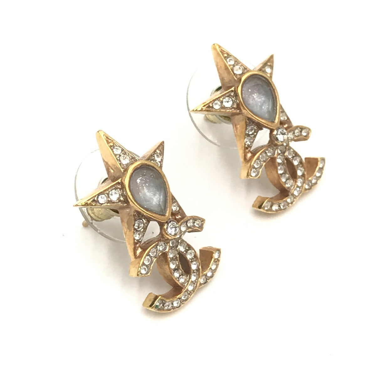 Chanel gold plated star coco mark earrings with rhinestones