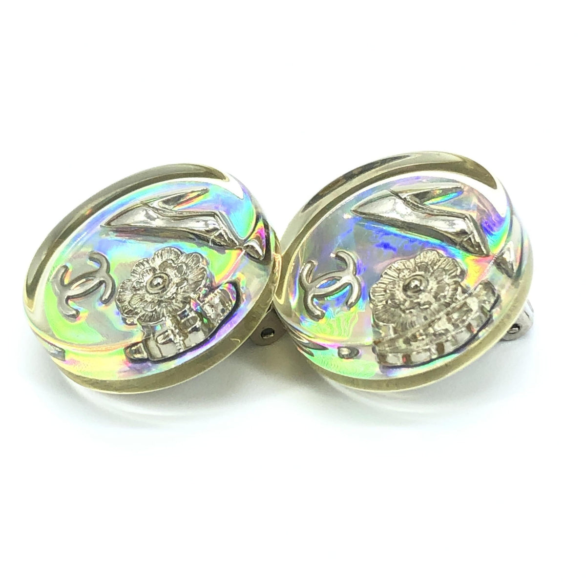 Chanel vintage holographic logo clip on earrings