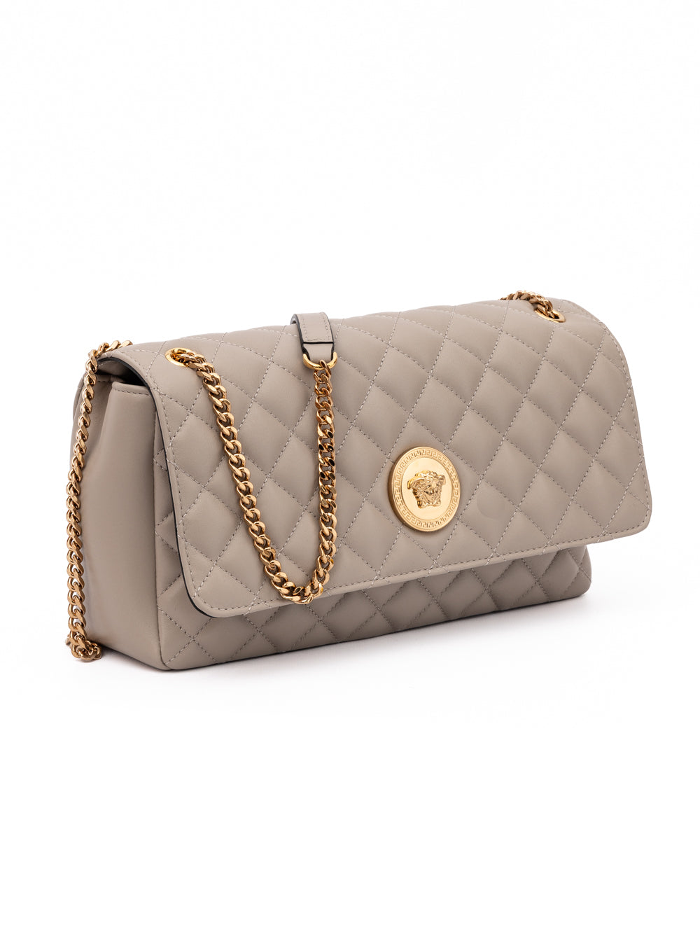 Versace taupe quilted leather shoulder strap bag