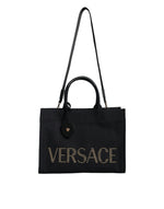 Load image into Gallery viewer, Versace Black Top Handle Canvas Leather Logo Crossbody Tote Bag
