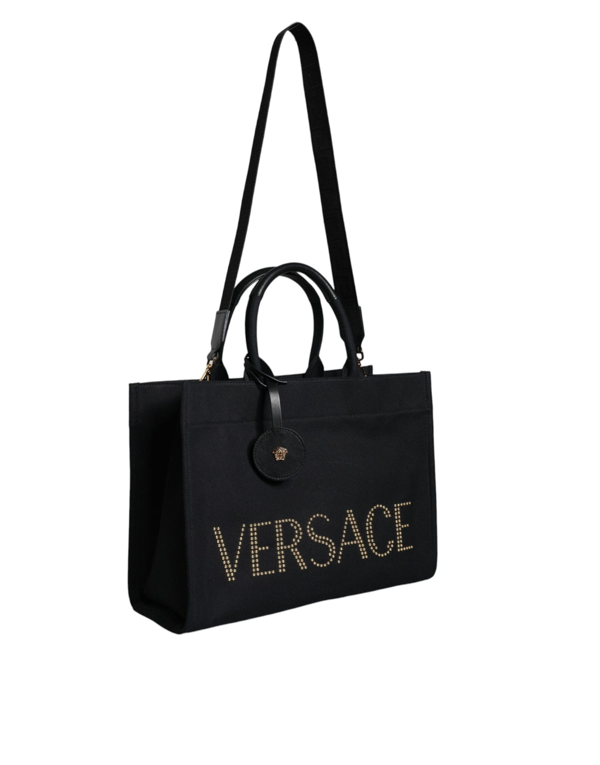 Versace black top handle canvas leather logo crossbody tote bag