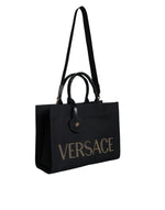 Load image into Gallery viewer, Versace Black Top Handle Canvas Leather Logo Crossbody Tote Bag
