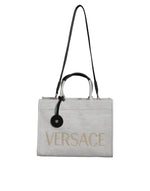 Load image into Gallery viewer, Versace White Top Handle Canvas Leather Logo Crossbody Tote Bag
