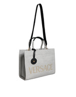 Load image into Gallery viewer, Versace White Top Handle Canvas Leather Logo Crossbody Tote Bag
