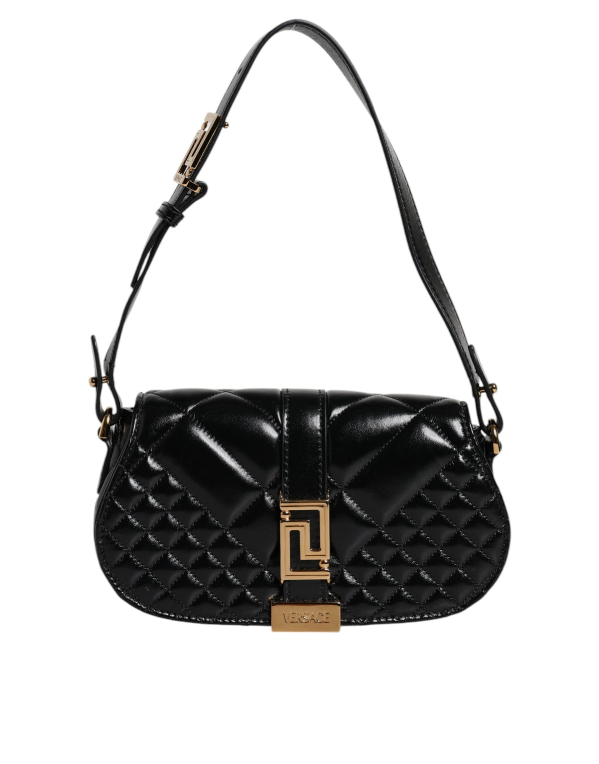 Versace black calf leather quilted shoulder strap bag